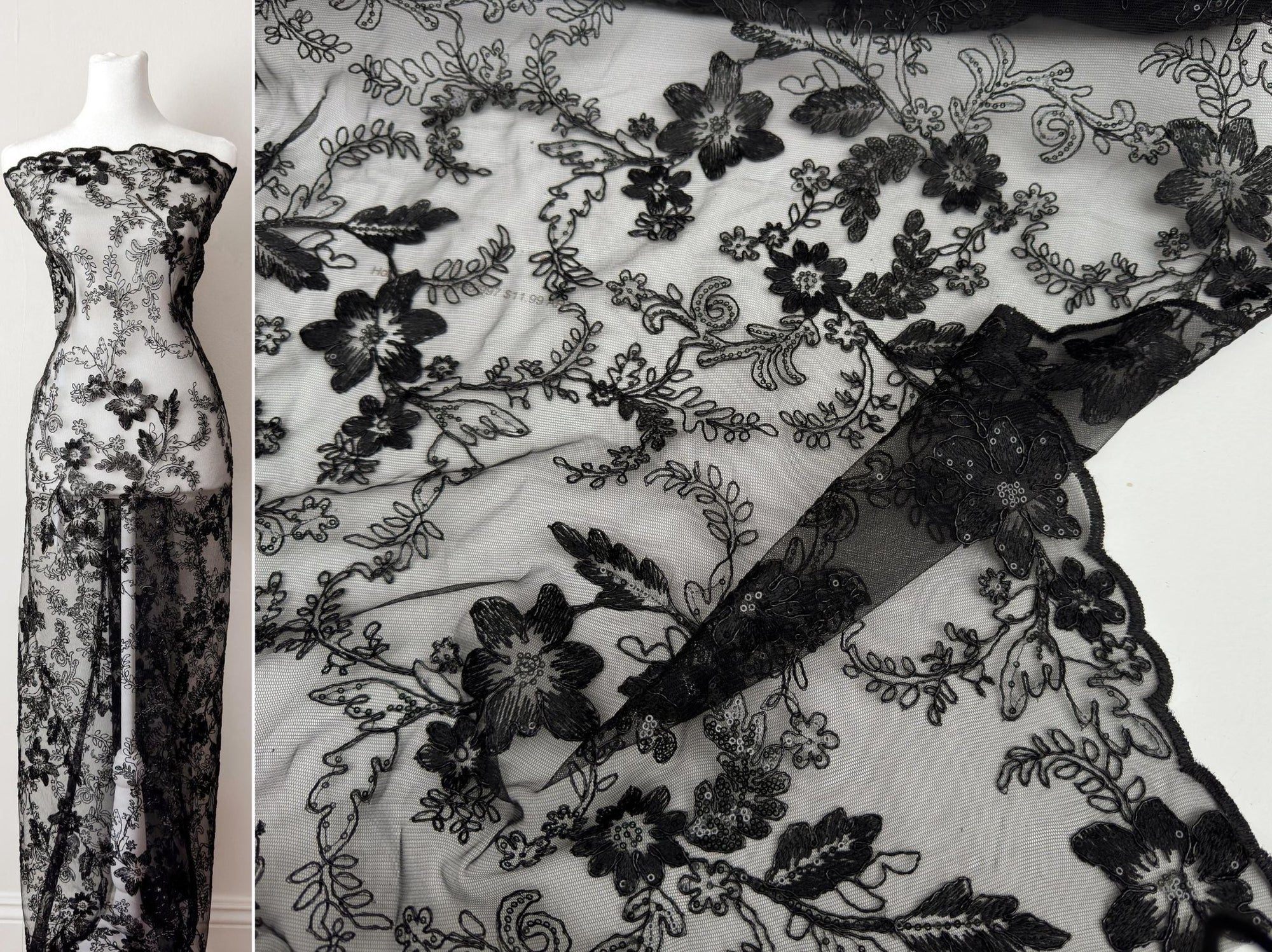 Black Floral Lace Fabric by yard Embroidery Corded With Sequins Fabric Non Stretch Sequined Embroidered On Lace for Dress Gowns, Event Decor - from Gala Textile