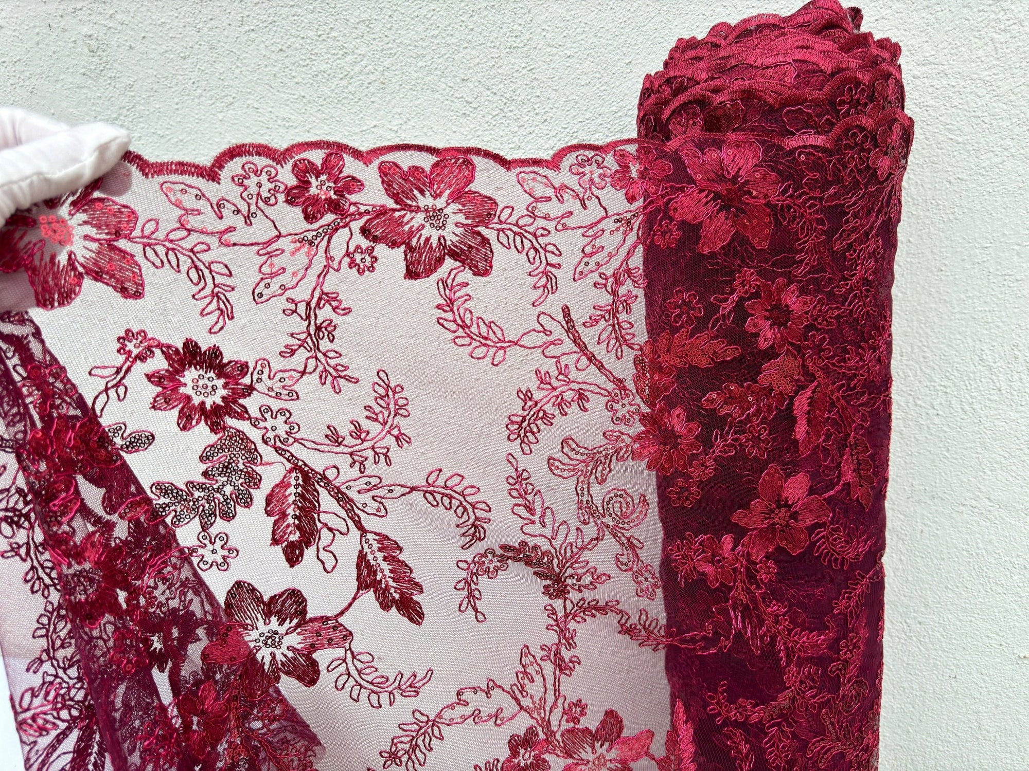 Burgundy Lace Fabric Embroidery Corded Lace Sequined Fabric by yard Non Stretch, Dark Red Floral Lace for Girls Dresses, Bows, Wedding Dress - from Gala Textile
