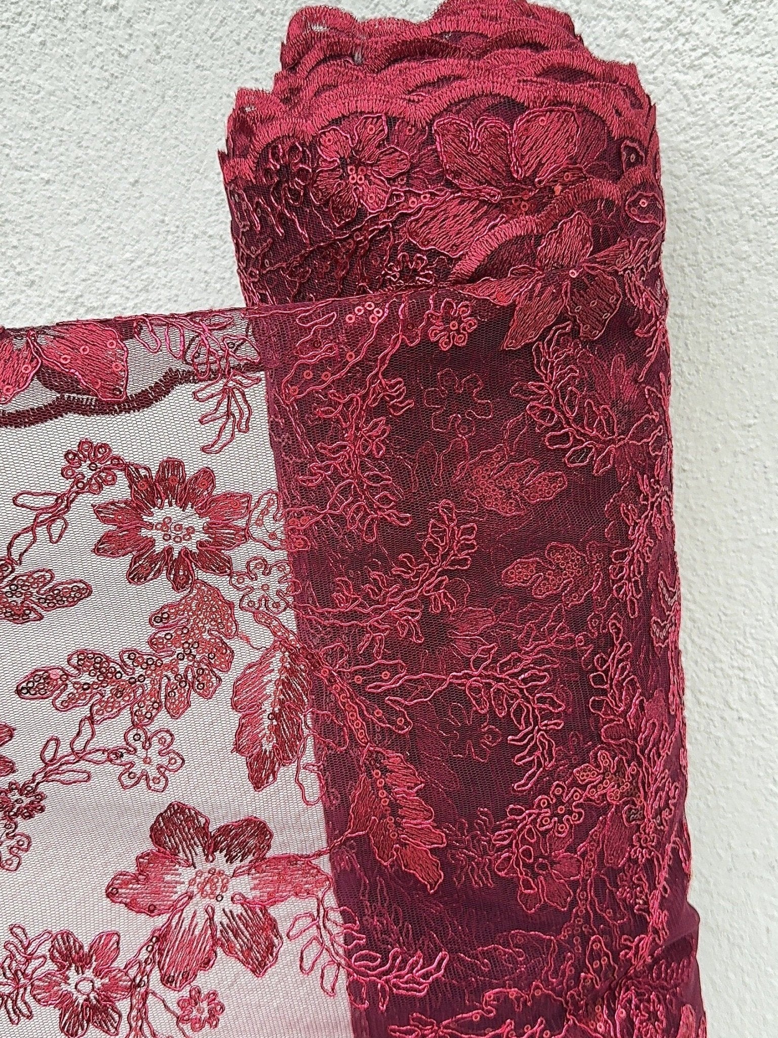 Burgundy Lace Fabric Embroidery Corded Lace Sequined Fabric by yard Non Stretch, Dark Red Floral Lace for Girls Dresses, Bows, Wedding Dress - from Gala Textile