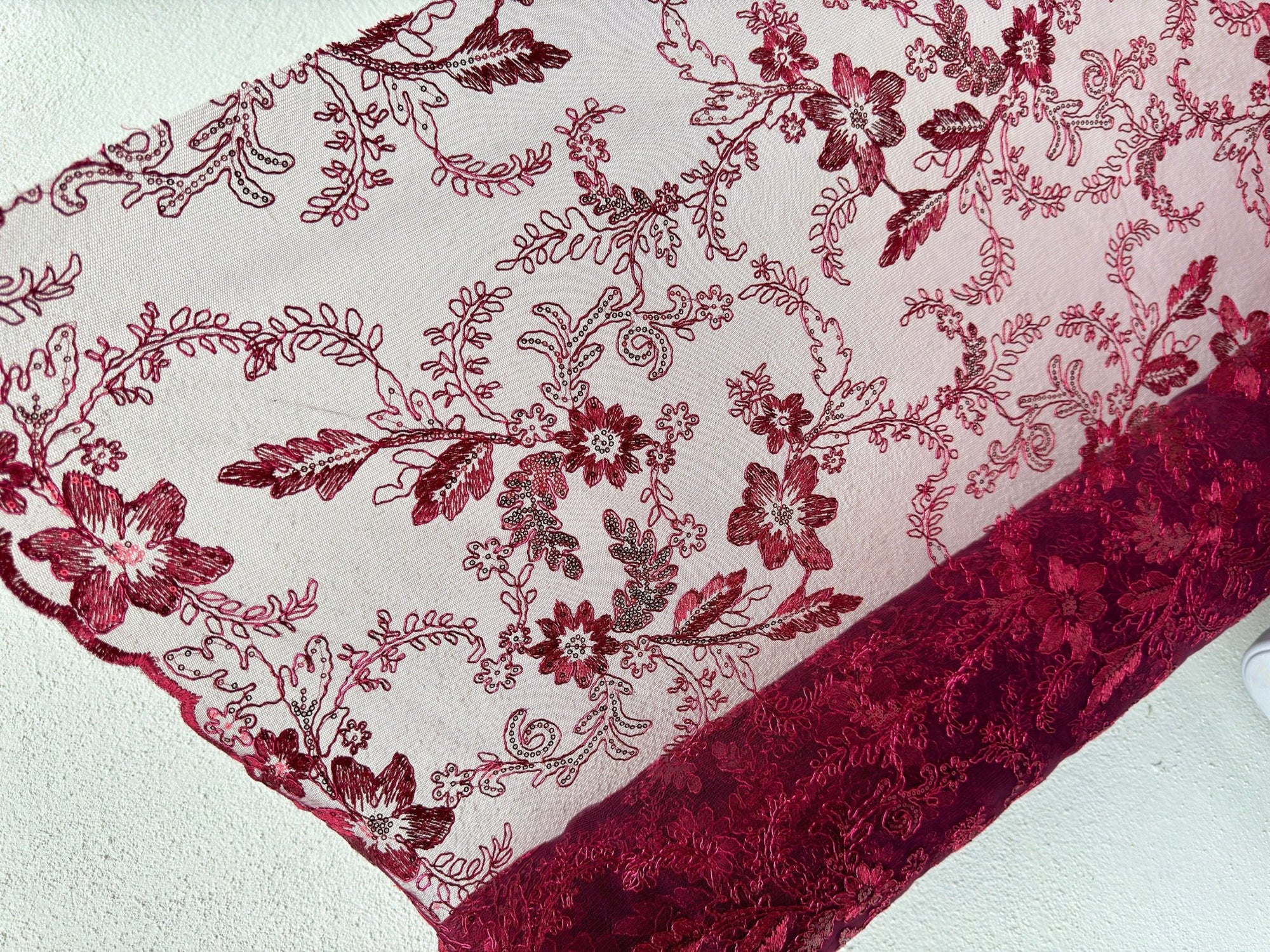 Burgundy Lace Fabric Embroidery Corded Lace Sequined Fabric by yard Non Stretch, Dark Red Floral Lace for Girls Dresses, Bows, Wedding Dress - from Gala Textile