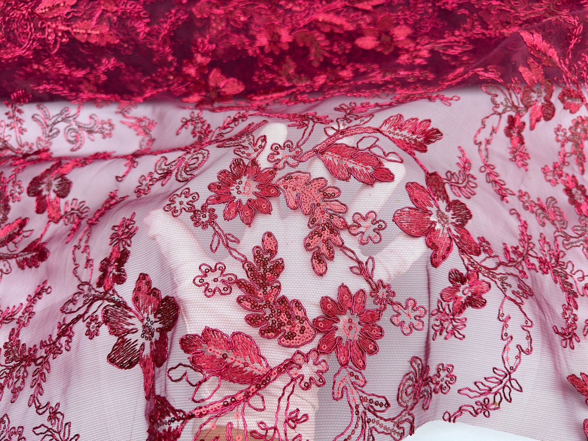 Burgundy Lace Fabric Embroidery Corded Lace Sequined Fabric by yard Non Stretch, Dark Red Floral Lace for Girls Dresses, Bows, Wedding Dress - from Gala Textile