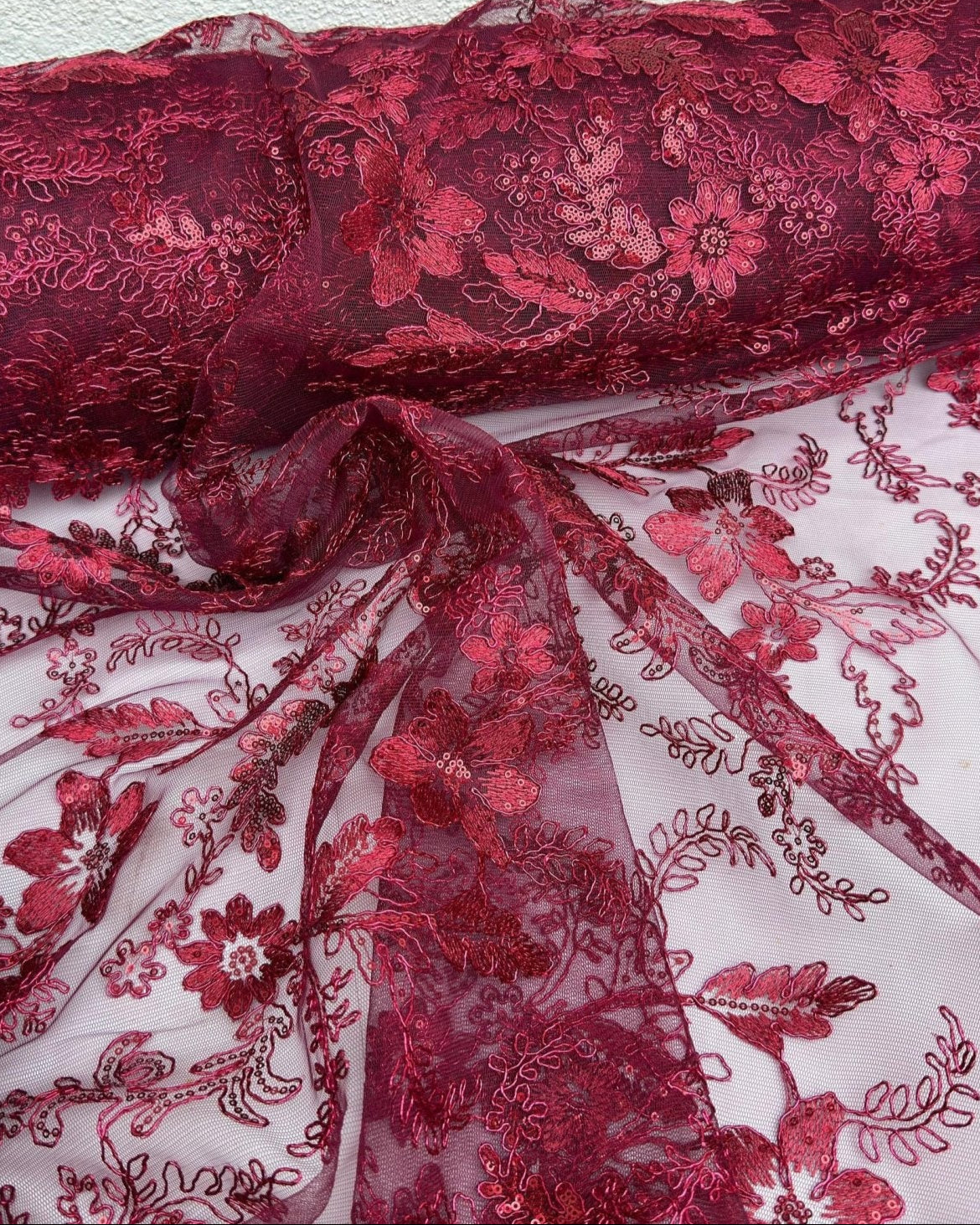 Burgundy Lace Fabric Embroidery Corded Lace Sequined Fabric by yard Non Stretch, Dark Red Floral Lace for Girls Dresses, Bows, Wedding Dress - from Gala Textile