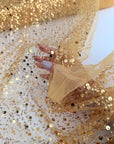 Gold Beaded Lace Fabric by Yard, Embroidered with Pearls & Sequins Mesh Sequin on Sheer Mesh Bridal Dresses, Gowns, Veils, Table Decor - from Gala Textile