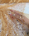 Gold Beaded Lace Fabric by Yard, Embroidered with Pearls & Sequins Mesh Sequin on Sheer Mesh Bridal Dresses, Gowns, Veils, Table Decor - from Gala Textile