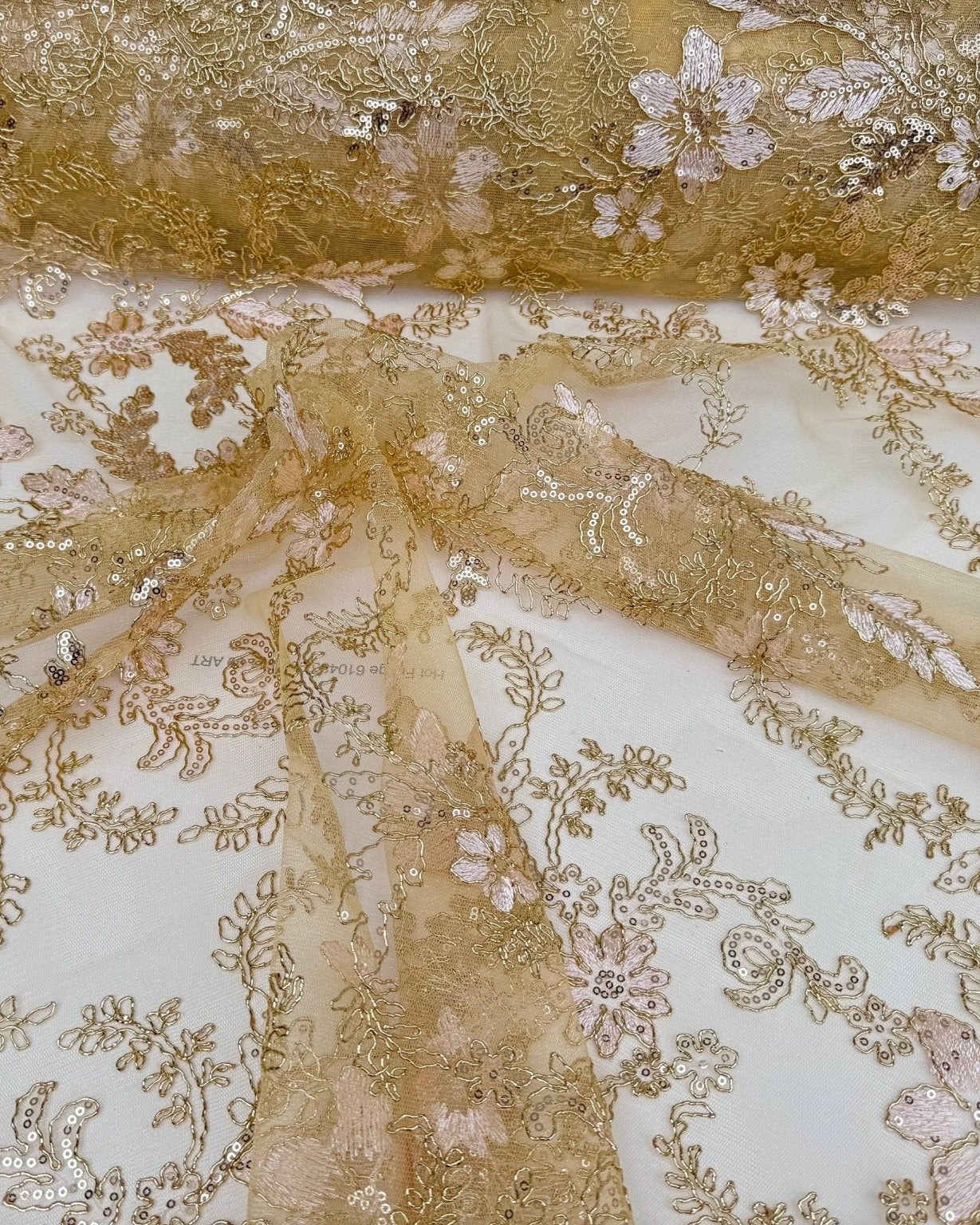 Gold Mesh Lace Fabric Embroidery Corded Lace Sequined Fabric by yard Non Stretch, Yellow Floral Lace for Girls Dresses, Bows, Wedding Dress, - from Gala Textile