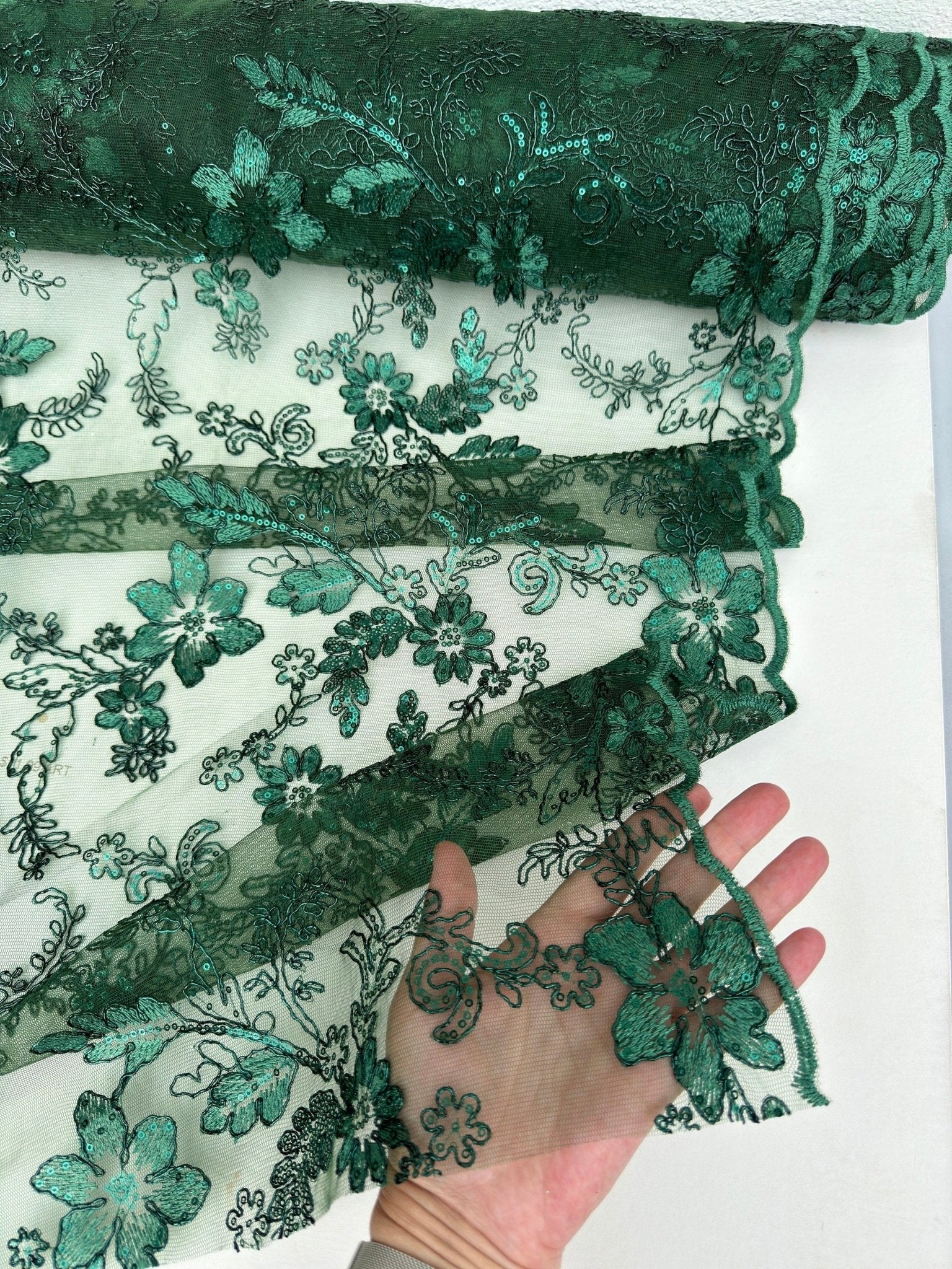 Hunter Green Floral Lace Fabric by yard Embroidery Corded With Sequins Fabric Non Stretch Green Sequined Embroidered On Lace Bridal Gowns - from Gala Textile