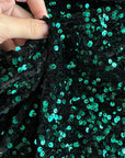 Hunter Green Sequins on Black Stretch Velvet Fabric, Green Sequin Fabric by yard for Dresses Gowns, Bows, Premium Quality Lowest Price - from Gala Textile