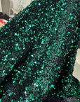 Hunter Green Sequins on Black Stretch Velvet Fabric, Green Sequin Fabric by yard for Dresses Gowns, Bows, Premium Quality Lowest Price - from Gala Textile