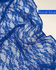 Royal Blue Floral Stretch Lace Fabric draped sheer with Royal Blue label