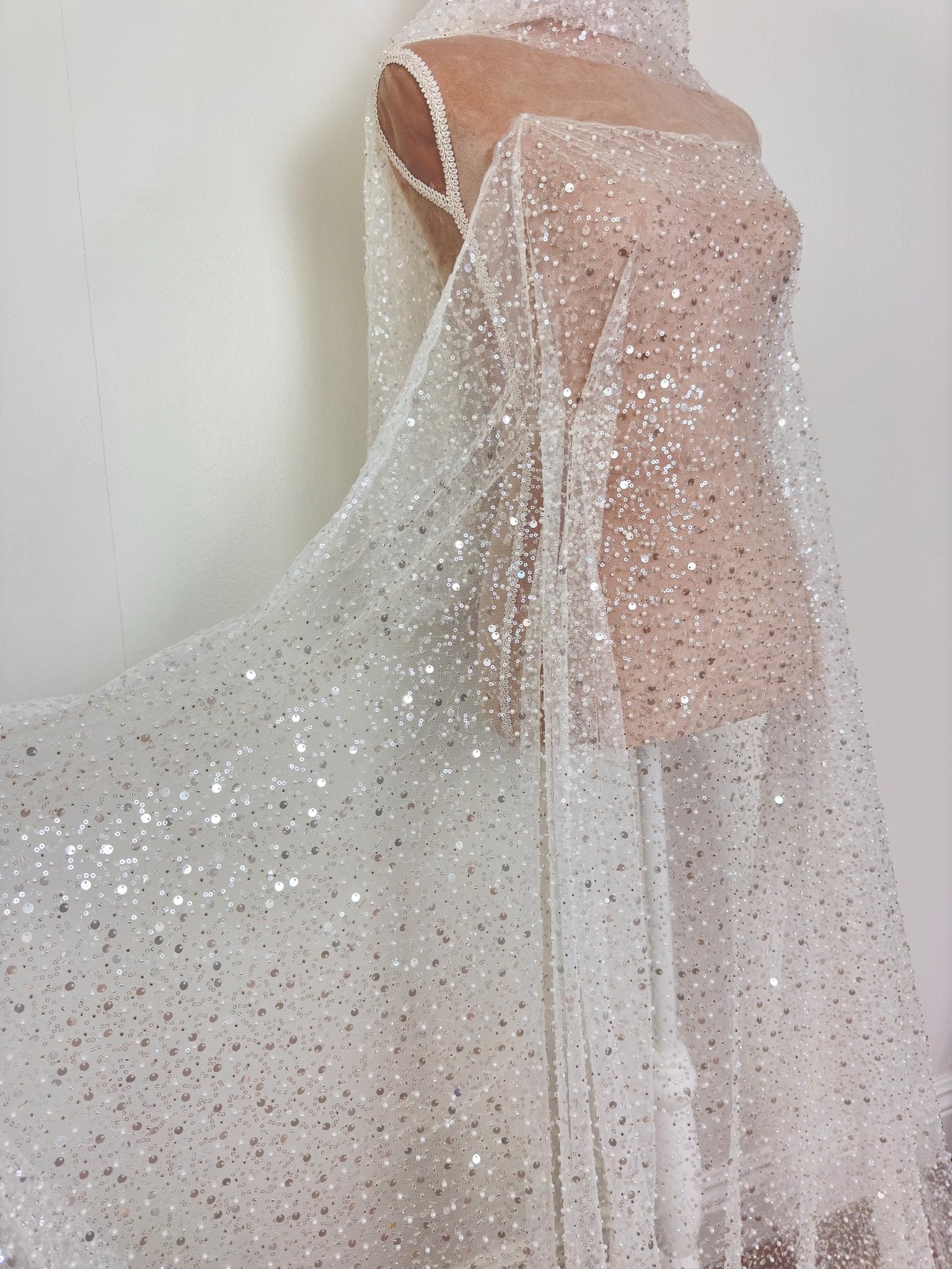 Luxury White Bridal Lace with Pearls & Sequins by Yard