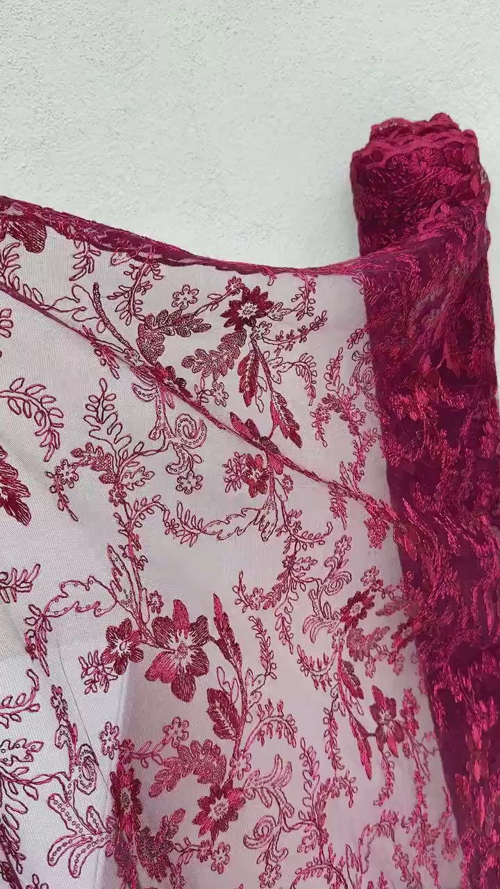 Burgundy Lace Fabric Embroidery Corded Lace Sequined Fabric by yard Non Stretch, Dark Red Floral Lace for Girls Dresses, Bows, Wedding Dress