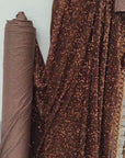 Brown Sequins on Stretch Brown Velvet Fabric, Luxury Brown Sequined Fabric by yard for Wedding Dresses Gowns, Bows Holiday Crafting Material