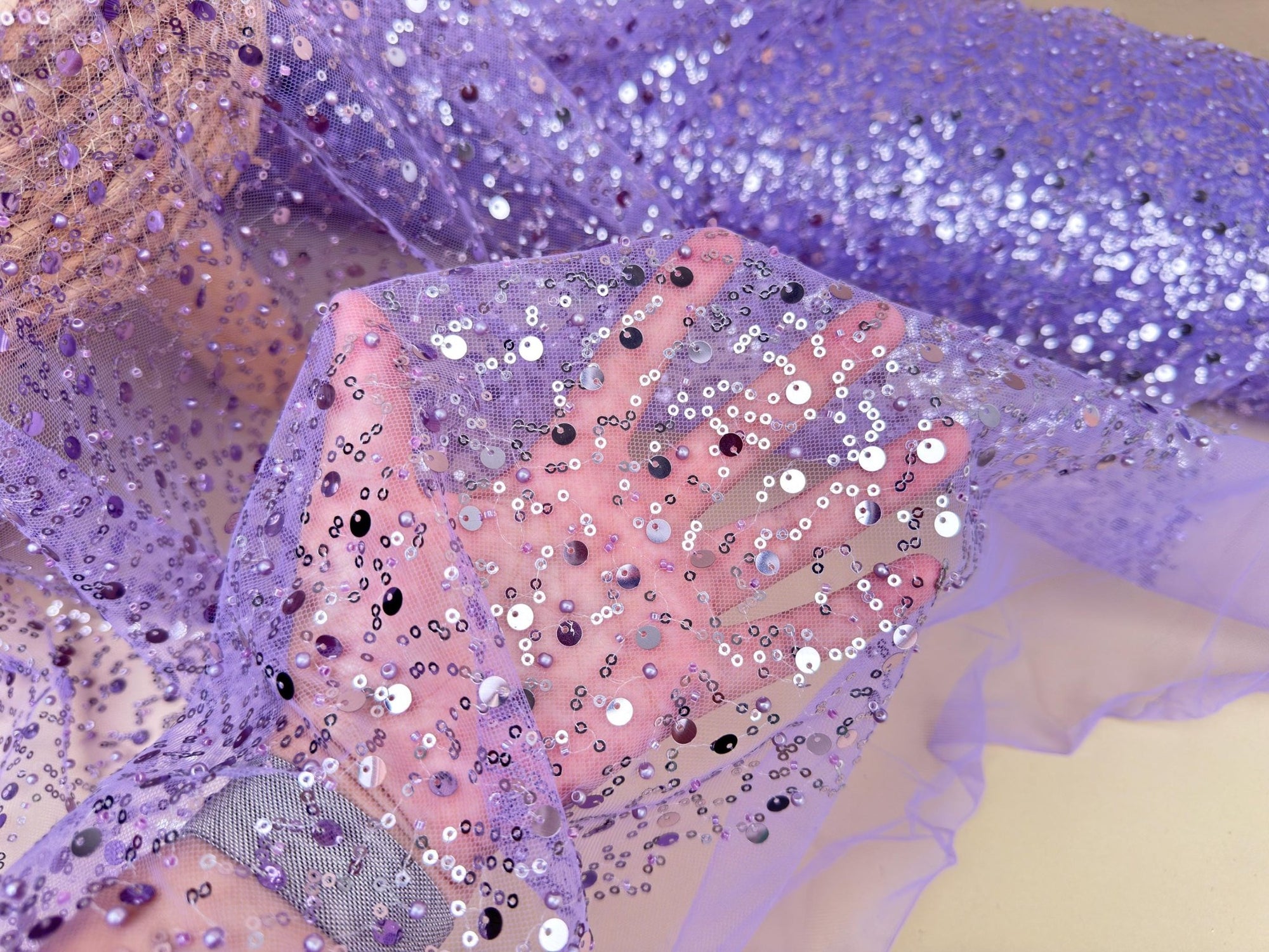 Purple Beaded Lace Fabric by Yard | Embroidered with Pearls & Sequins Mesh | Sequin on Sheer Mesh Bridal Dresses, Gowns, Veils, Table Decor - from Gala Textile