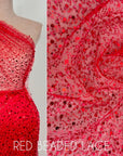 Red Beaded Lace Fabric by Yard | Embroidered with Pearls & Sequins Mesh | Red Sequin on Sheer Mesh Bridal Dresses, Gowns, Veils, Table Decor - from Gala Textile