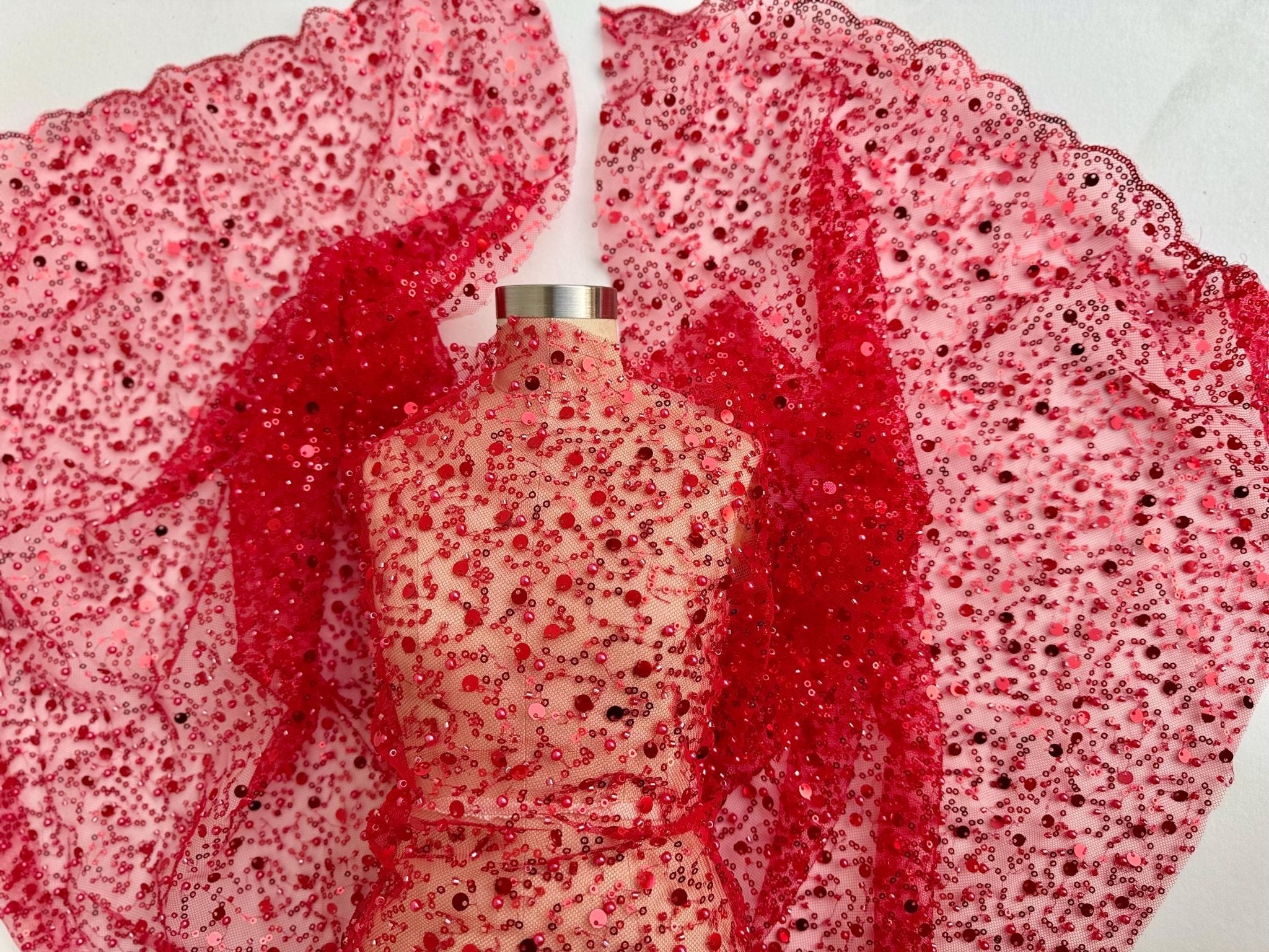 Red Beaded Lace Fabric by Yard | Embroidered with Pearls & Sequins Mesh