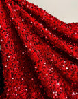 Red Sequins on Stretch Velvet Fabric By Yard 2 Way Stretch Red Velvet Stephanie All - Over Sparkles Sequins, for Bridal Dresses, Gowns, Bows - from Gala Textile