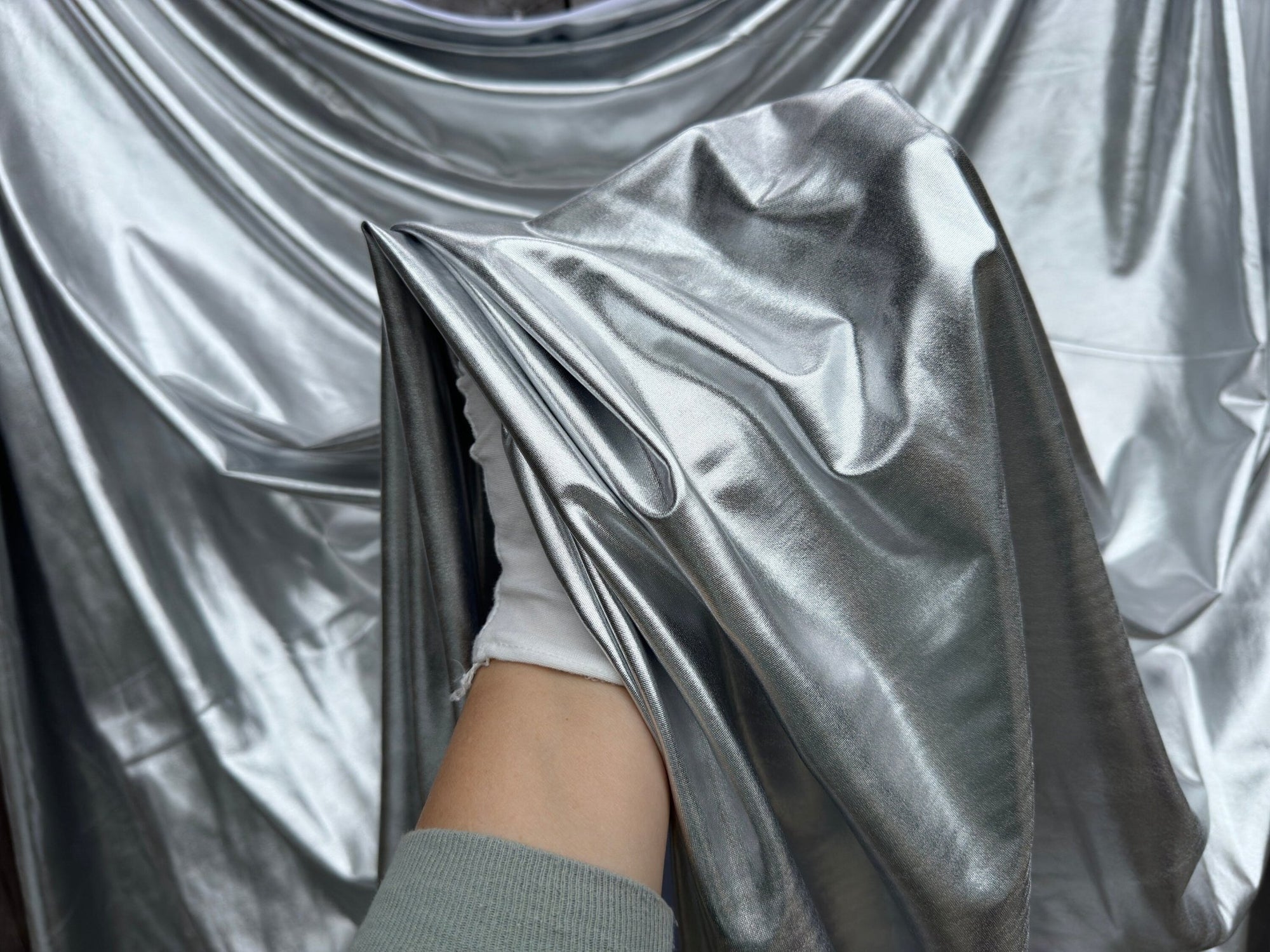 Silver Spandex Lame Foil Fabric by Yard Super Stretch Metallic Lame All Over Foil on Stretch Knit for Dance Wear Costumes, Dresses, Leggings - from Gala Textile