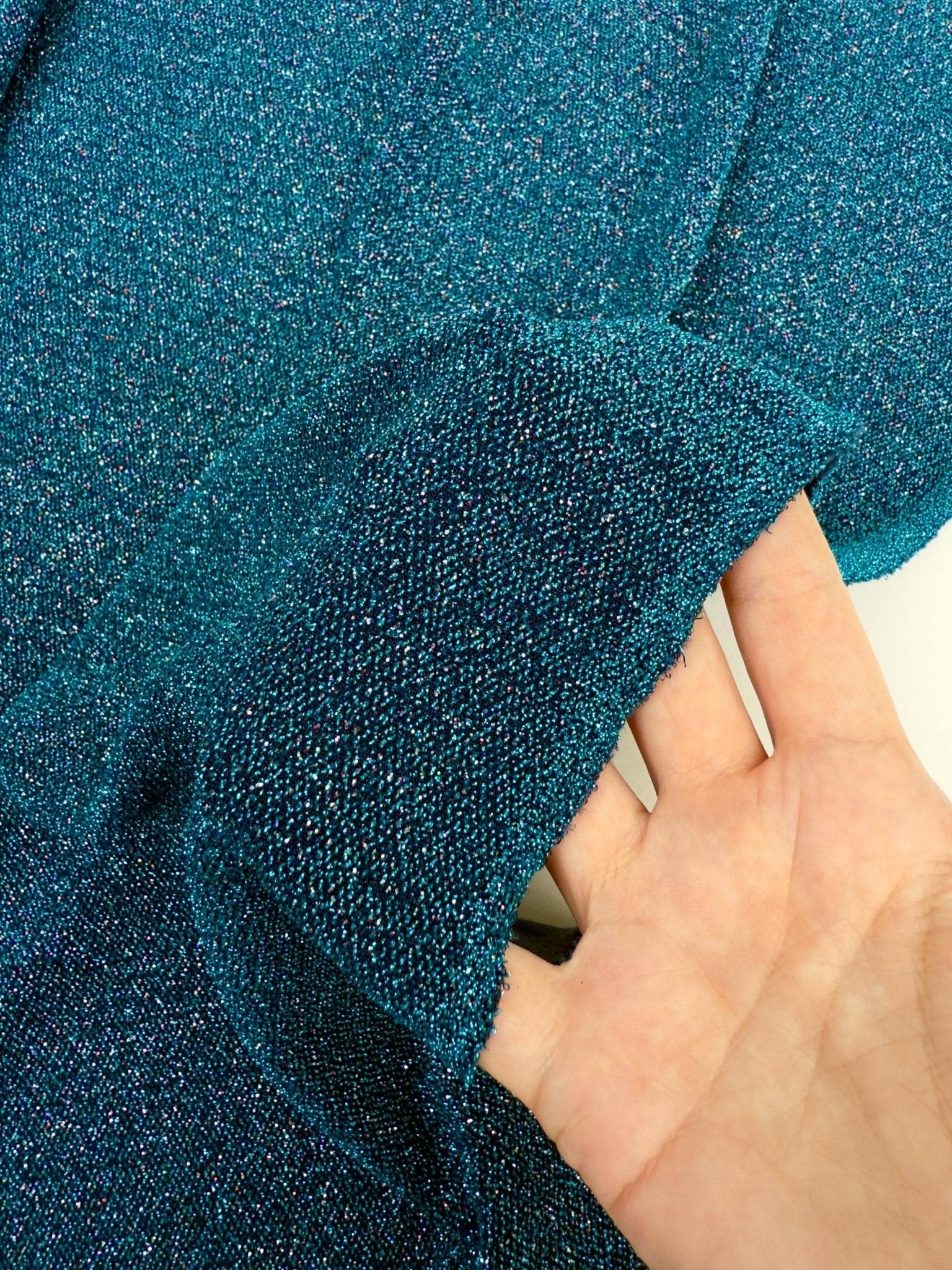 Turquoise 4 Way Stretch Lurex Fabric by The Yard Knit Spandex Shimmery Multi Color Blue Glitter Knit For Dressmaking Gown Backdrop Drapes - from Gala Textile