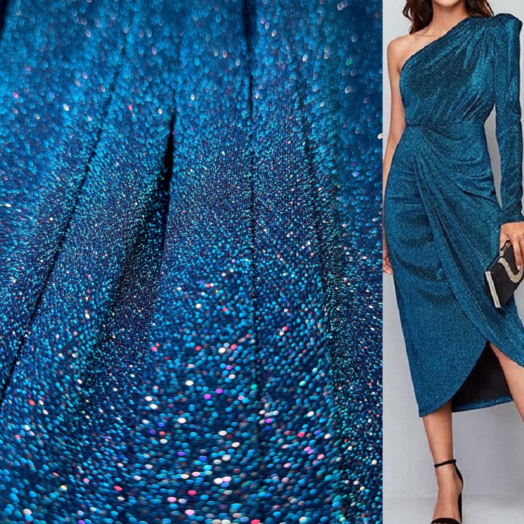 Turquoise 4 Way Stretch Lurex Fabric by The Yard Knit Spandex Shimmery Multi Color Blue Glitter Knit For Dressmaking Gown Backdrop Drapes - from Gala Textile