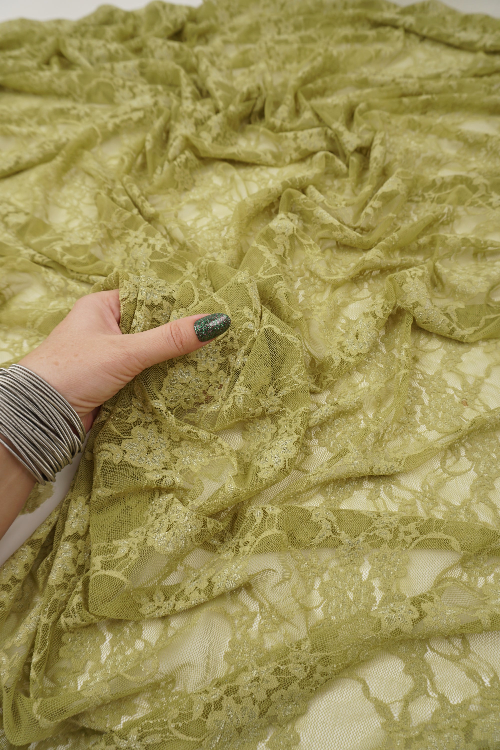 Moss Green Floral Stretch Lace Fabric by the Yard
