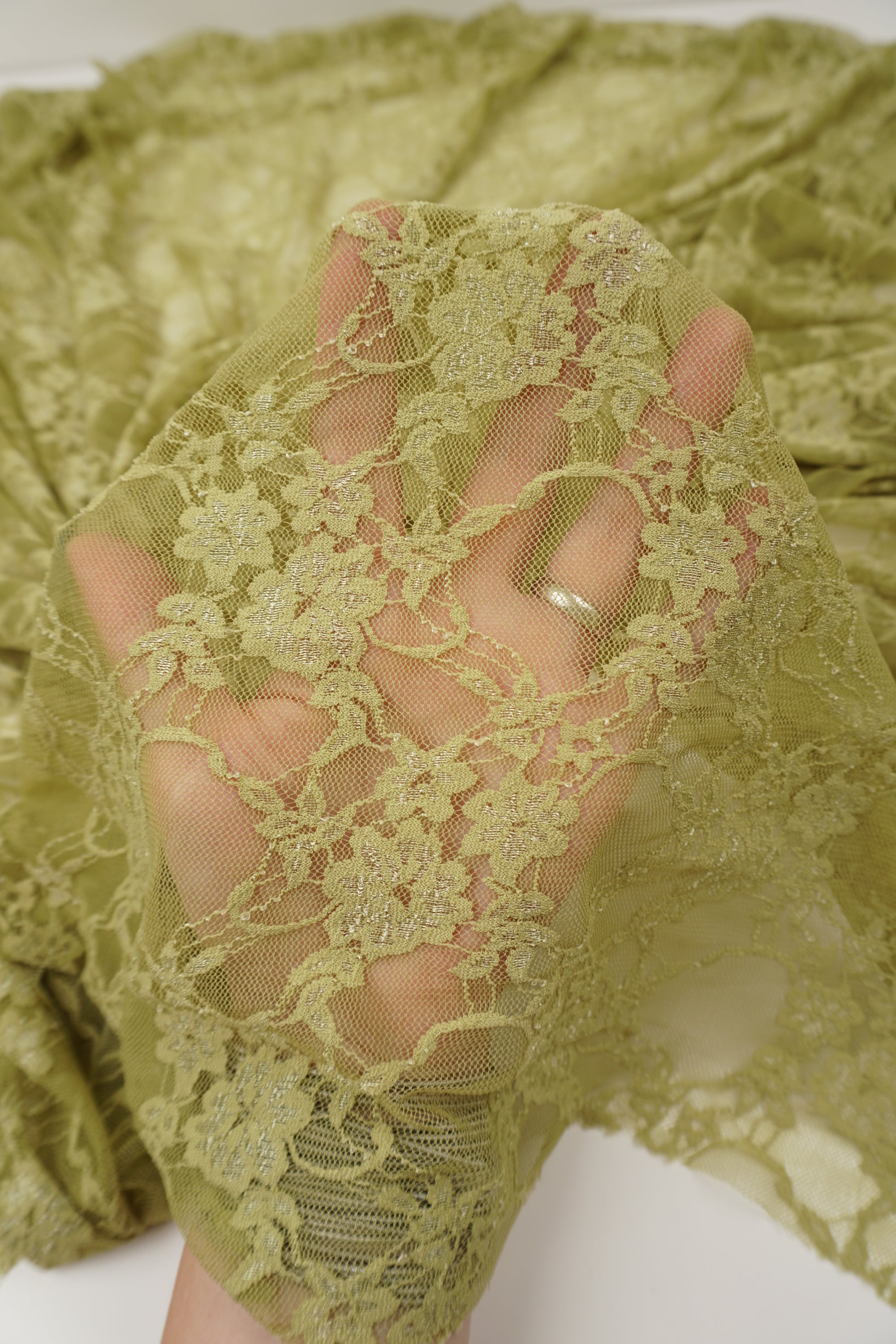 Moss Green Floral Stretch Lace Fabric by the Yard