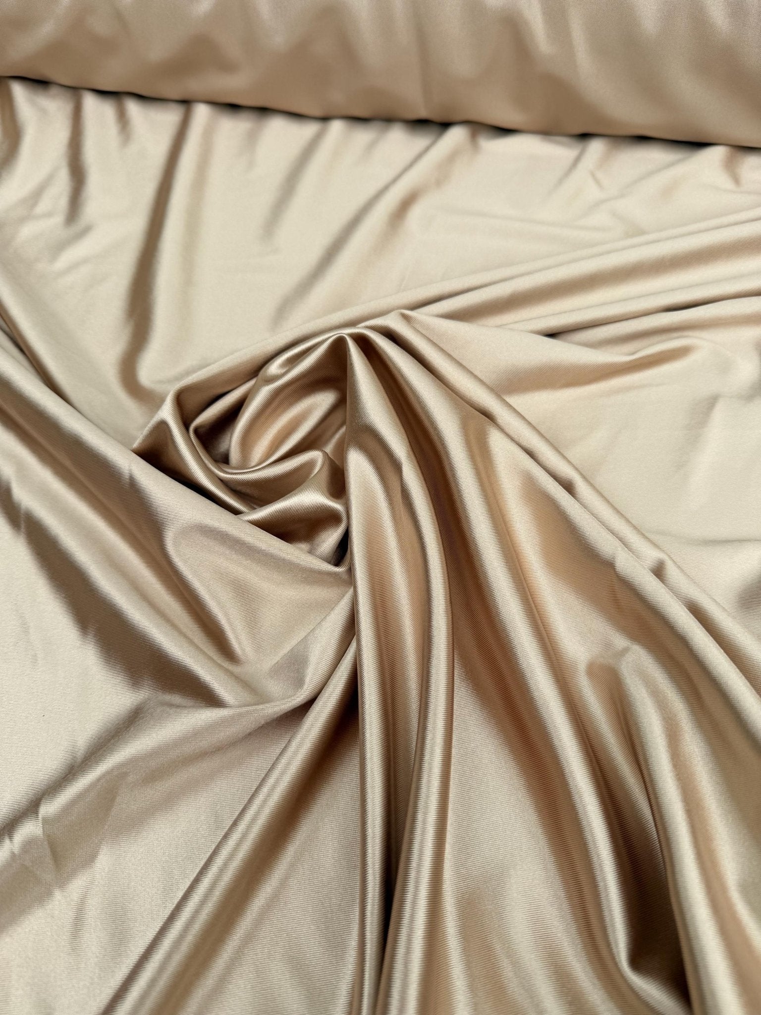 4 Way Champagne Super Stretch Satin Spandex, Ideal for Dress, Bodysuit, Activewear, Dancewear, and Sportswear in Tan Luxurious Shiny Spandex - from Gala Textile