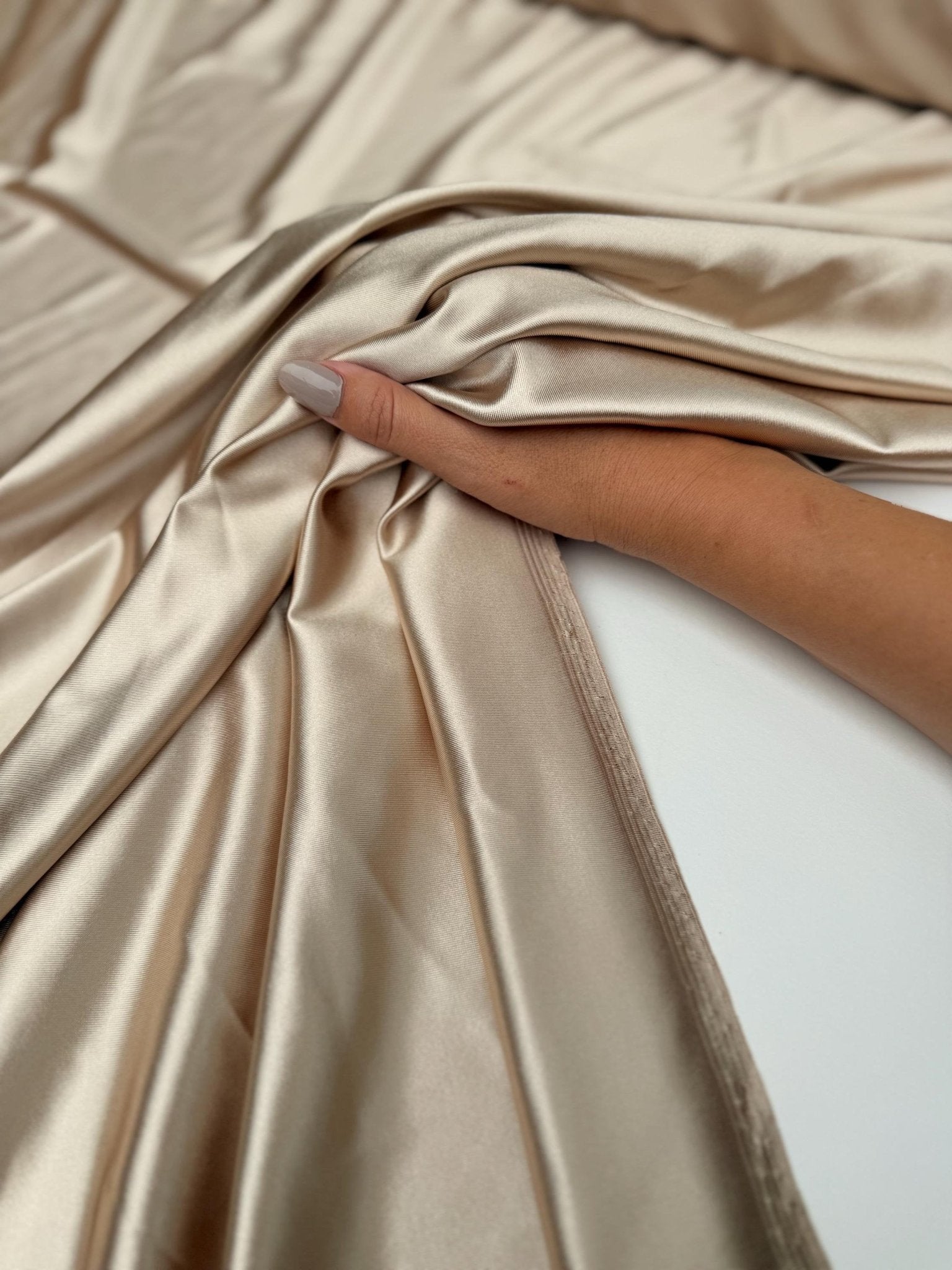 4 Way Champagne Super Stretch Satin Spandex, Ideal for Dress, Bodysuit, Activewear, Dancewear, and Sportswear in Tan Luxurious Shiny Spandex - from Gala Textile