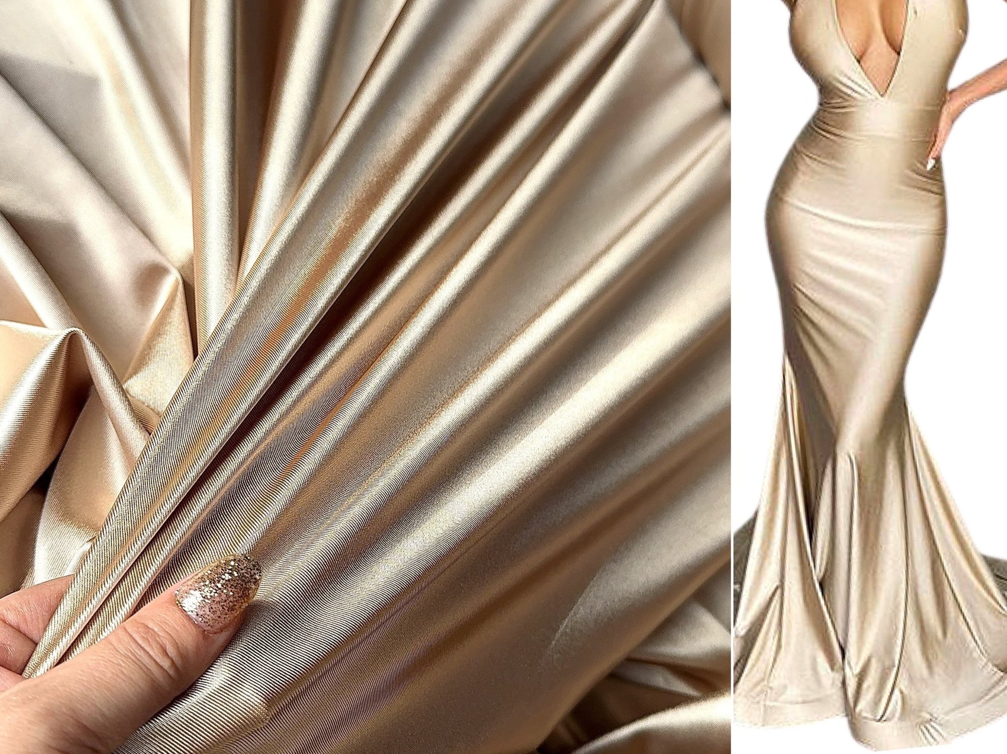 4 Way Champagne Super Stretch Satin Spandex, Ideal for Dress, Bodysuit, Activewear, Dancewear, and Sportswear in Tan Luxurious Shiny Spandex - from Gala Textile