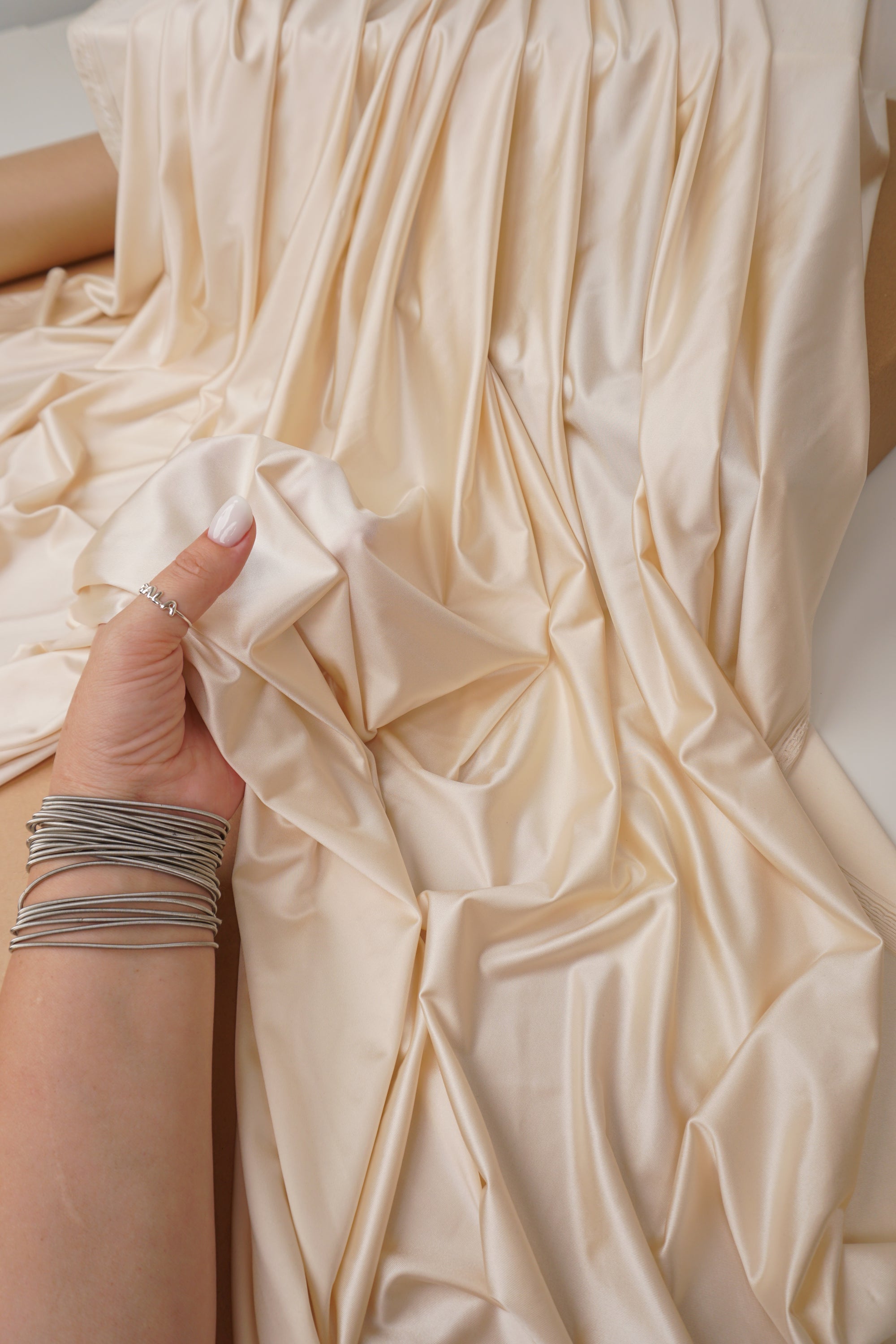 Cream Shiny Milliskin Nylon Spandex Fabric | 4-Way Stretch | By the Yard