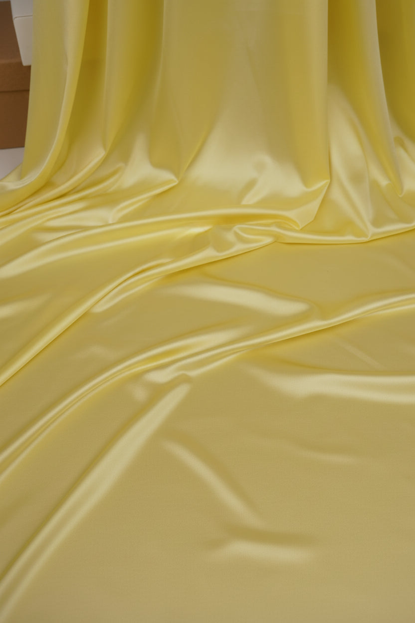 Close-up of yellow fabric with a hand holding it, with a glittery object in the background.