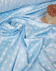 Dusty Blue Polka Dot Satin Dress Fabric – Small White Dots, Light Stretch, 58" Wide