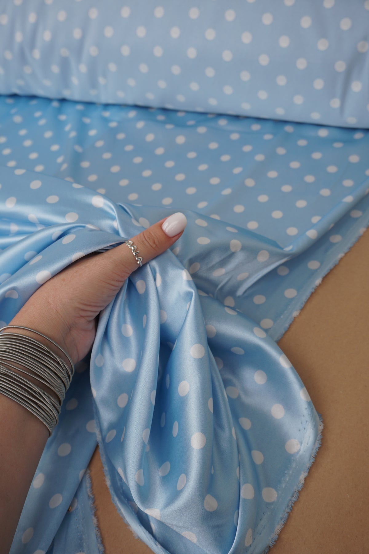 Dusty Blue Polka Dot Satin Dress Fabric – Small White Dots, Light Stretch, 58" Wide