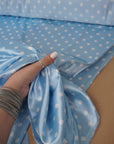 Dusty Blue Polka Dot Satin Dress Fabric – Small White Dots, Light Stretch, 58" Wide