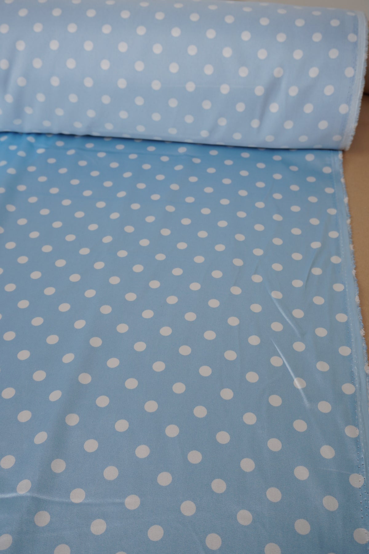 Dusty Blue Polka Dot Satin Dress Fabric – Small White Dots, Light Stretch, 58" Wide