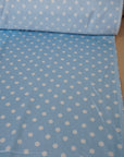 Dusty Blue Polka Dot Satin Dress Fabric – Small White Dots, Light Stretch, 58" Wide
