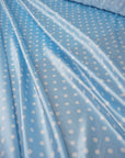 Dusty Blue Polka Dot Satin Dress Fabric – Small White Dots, Light Stretch, 58" Wide
