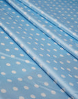 Dusty Blue Polka Dot Satin Dress Fabric – Small White Dots, Light Stretch, 58" Wide