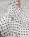 Ivory Polka Dot Satin Dress Fabric – Small Black Dots, Light Stretch, 58" Wide