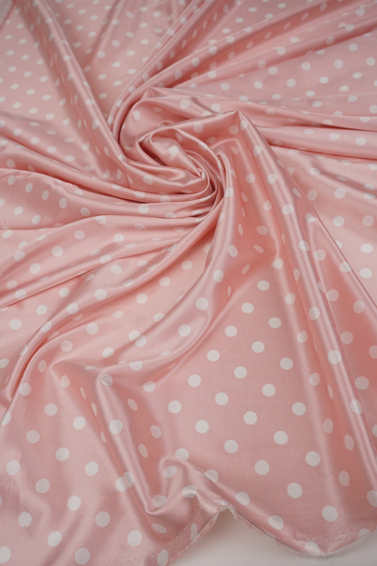 Dusty Pink Polka Dot Satin Dress Fabric – Small White Dots, Light Stretch, 58" Wide