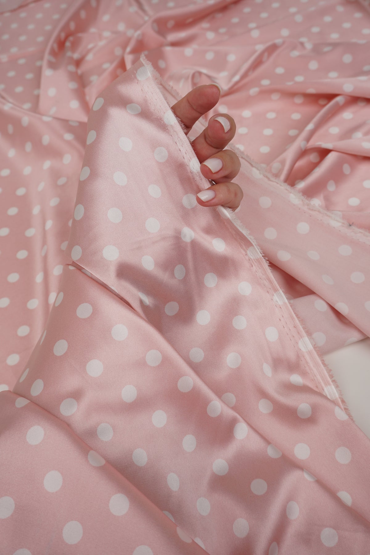 Dusty Pink Polka Dot Satin Dress Fabric – Small White Dots, Light Stretch, 58" Wide