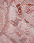Dusty Pink Polka Dot Satin Dress Fabric – Small White Dots, Light Stretch, 58" Wide
