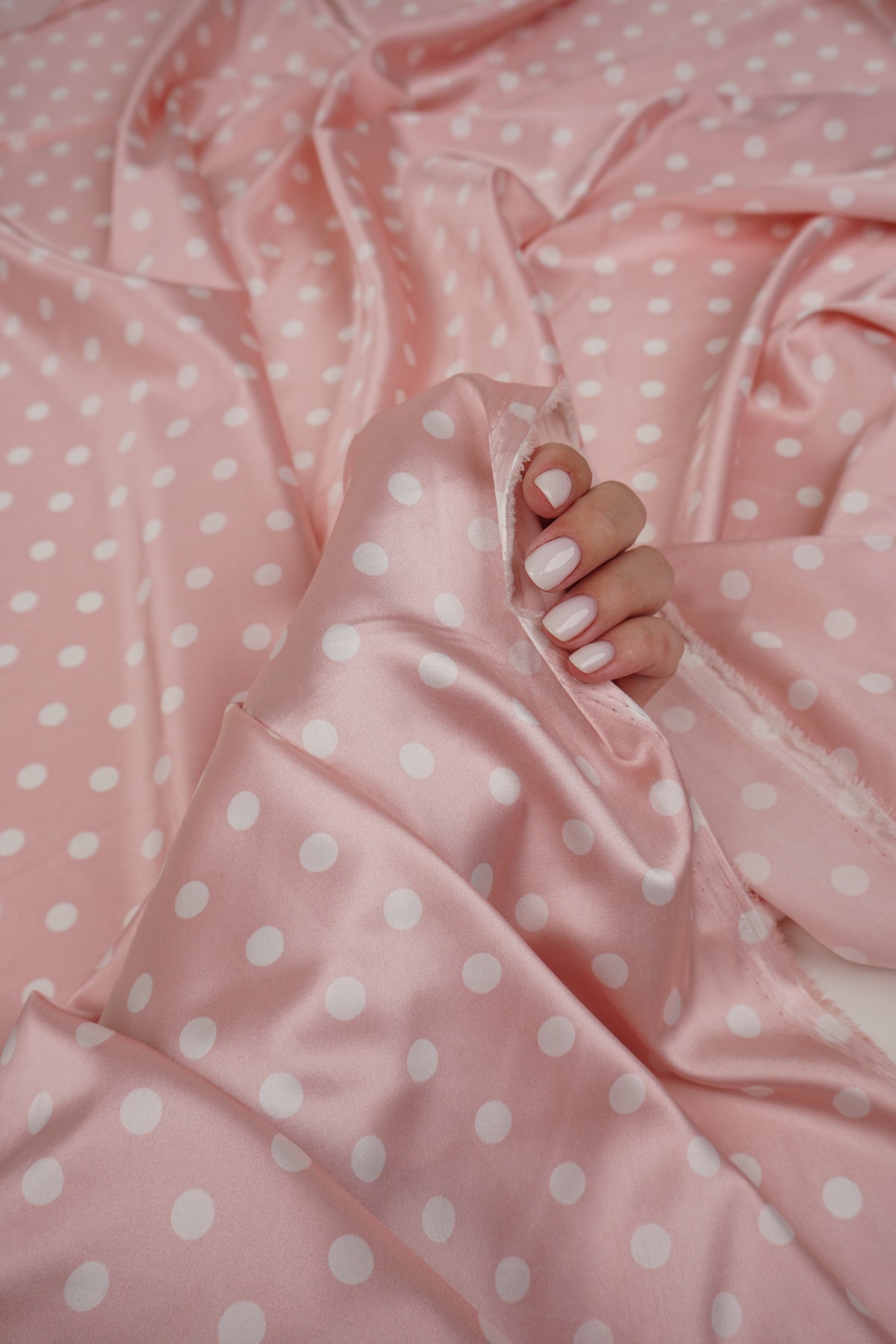 Dusty Pink Polka Dot Satin Dress Fabric – Small White Dots, Light Stretch, 58" Wide