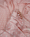 Dusty Pink Polka Dot Satin Dress Fabric – Small White Dots, Light Stretch, 58" Wide