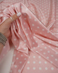Dusty Pink Polka Dot Satin Dress Fabric – Small White Dots, Light Stretch, 58" Wide