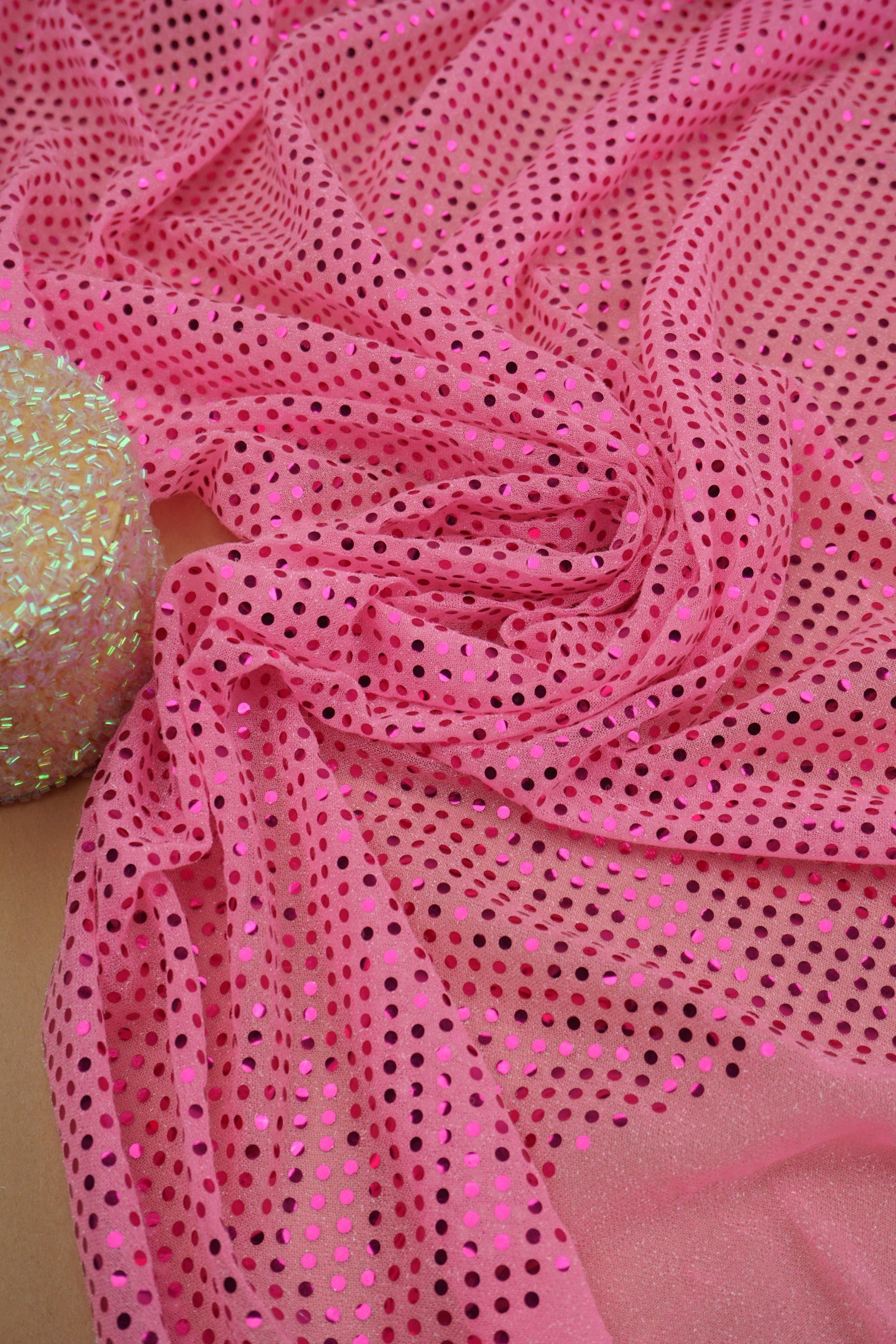 Pink 3mm Confetti Dot Sequin Fabric | Metallic Mesh Sparkle | By the Yard