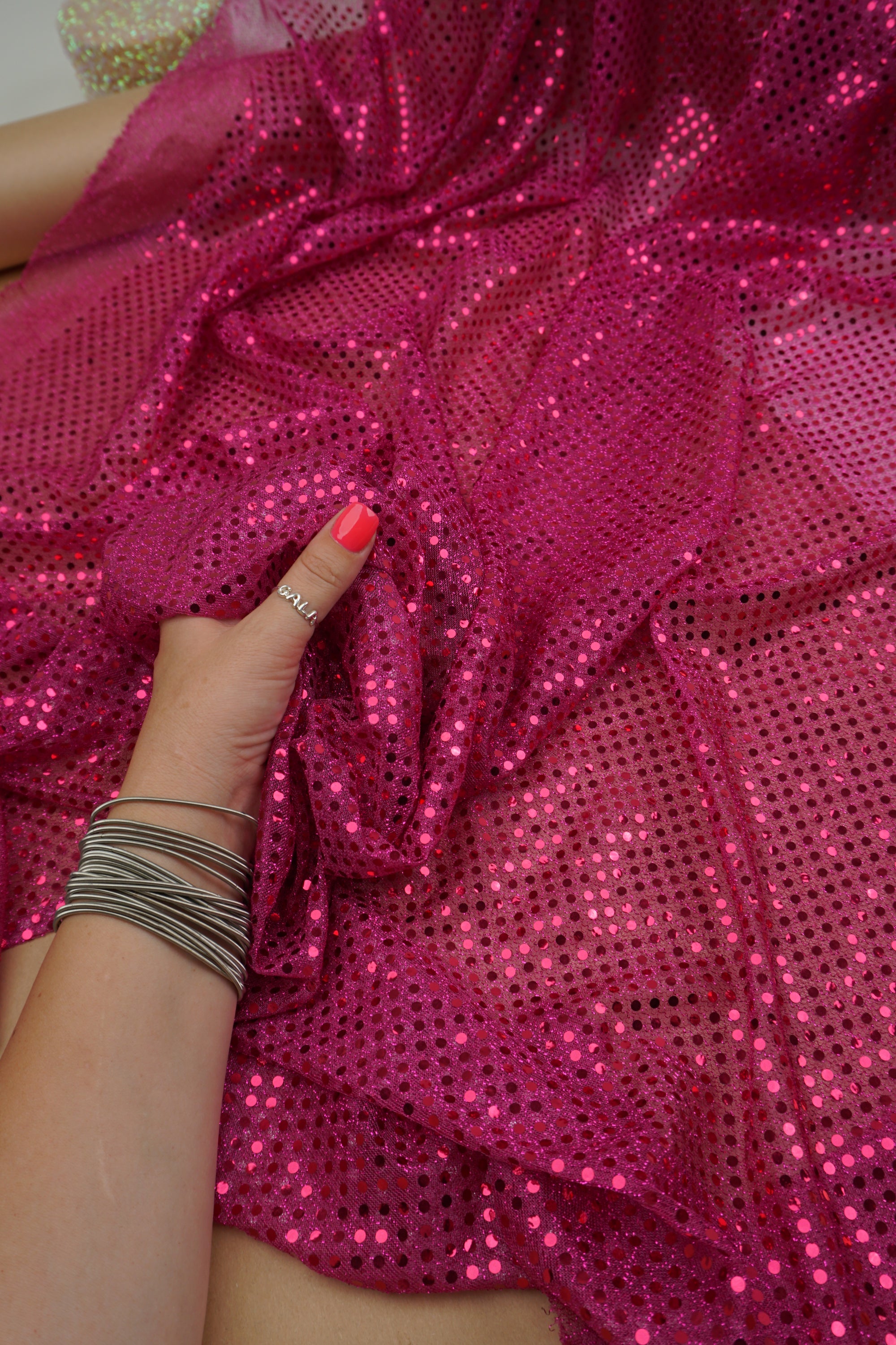 Fuchsia Sequin Fabric by the Yard | 3mm Confetti Dot Metallic Mesh