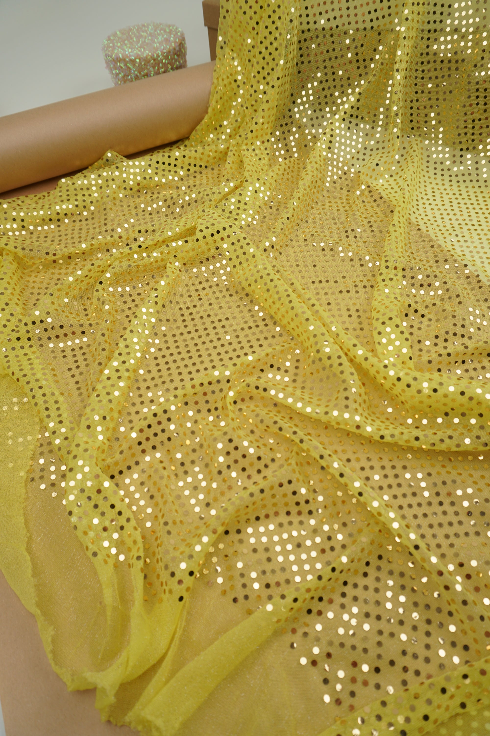 Butter Yellow 3mm Confetti Dot Sequin Fabric | Metallic Mesh Sparkle | By the Yard