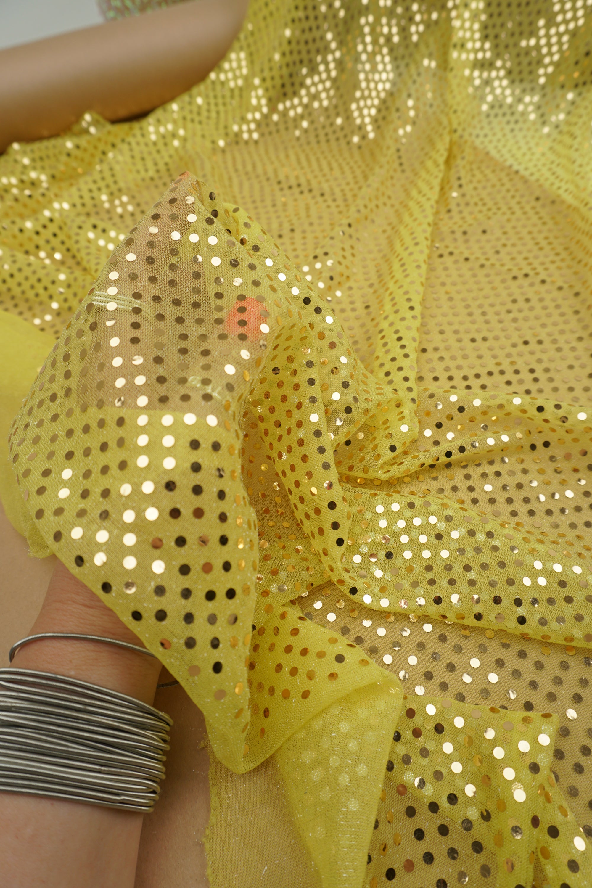 Butter Yellow 3mm Confetti Dot Sequin Fabric | Metallic Mesh Sparkle | By the Yard