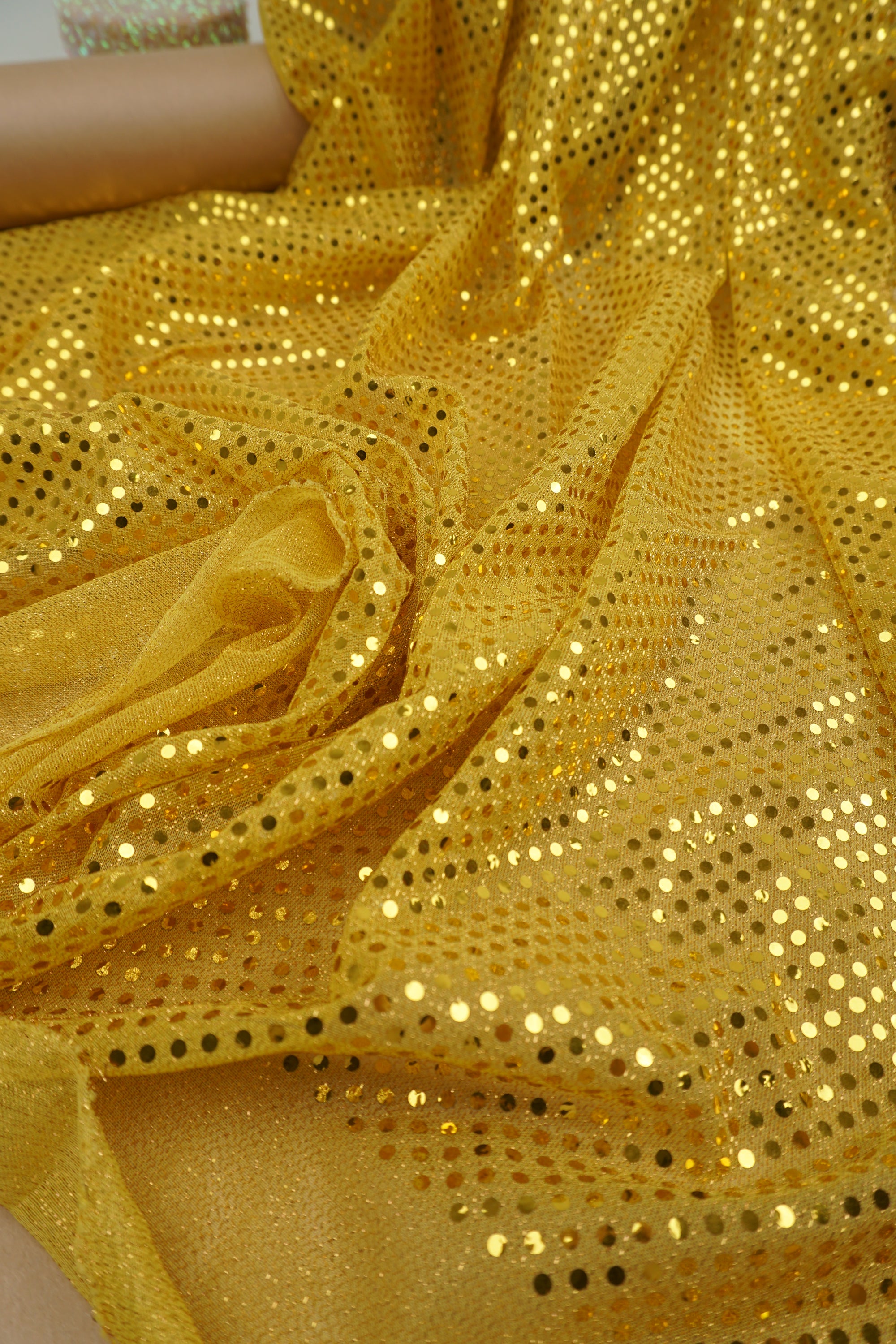 Gold 3mm Confetti Dot Sequin Fabric Metallic Mesh Sparkle By the Yard