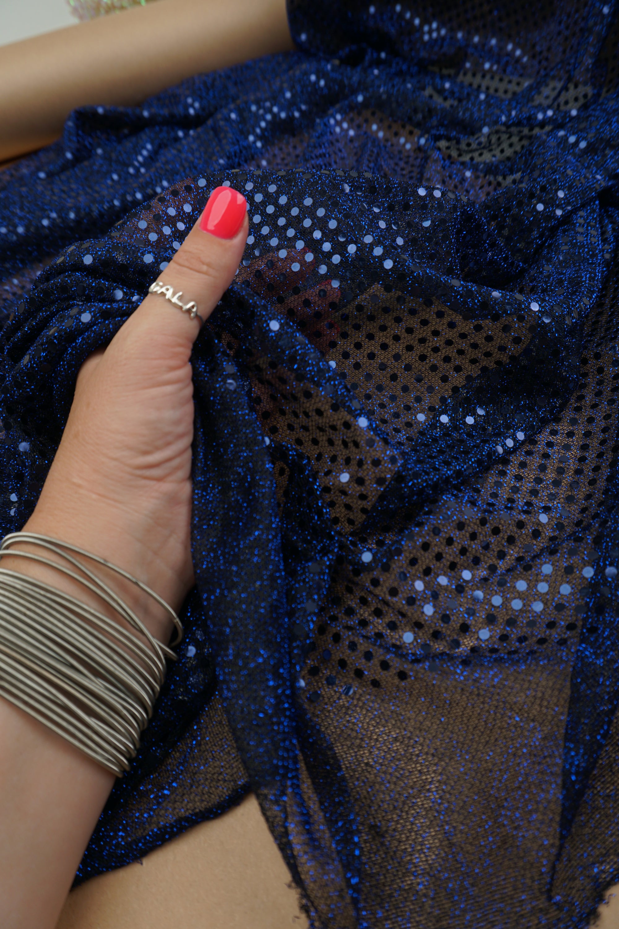 Navy Blue 3mm Confetti Dot Sequin Fabric | Metallic Mesh Sparkle | By the Yard